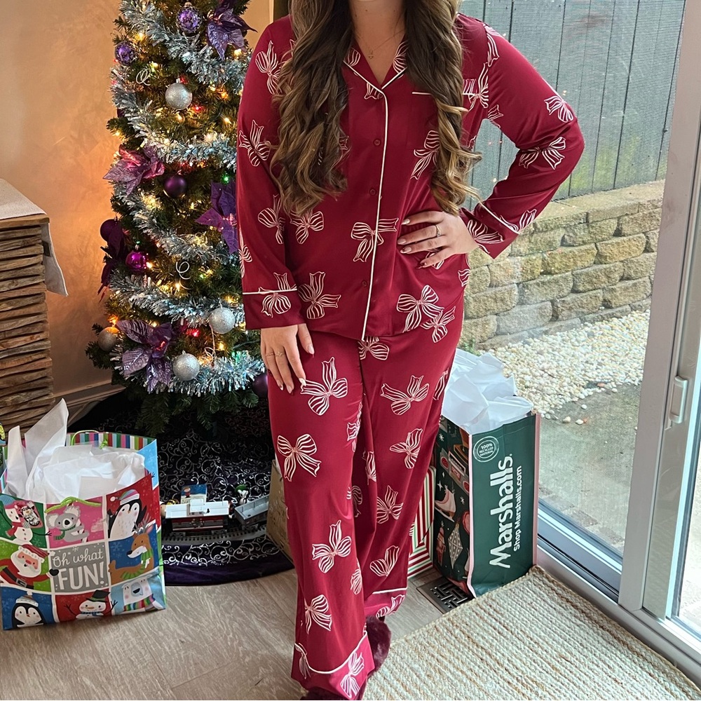 Red Pajama Set with White Bow Print